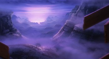 Movie still from “The Lorax” (2012), directed by Chris Renaud – A painting of a purple sky and a mountain range; Extreme Wide shot, Low angle