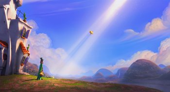 Movie still from “The Lorax” (2012), directed by Chris Renaud – A person flying a kite in the sky; Extreme Wide shot, Low angle