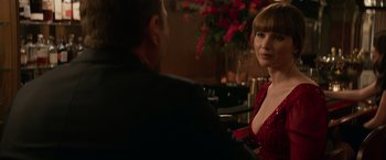 Movie still from “Red Sparrow” (2018), directed by Francis Lawrence – A man and a woman sitting at a table; Close Up shot, Over the shoulder angle