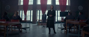 Movie still from “Red Sparrow” (2018), directed by Francis Lawrence – Two women standing in an empty room in front of a window; Wide shot, Low angle
