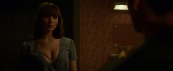 Movie still from “Red Sparrow” (2018), directed by Francis Lawrence – A woman standing in front of a bathroom mirror; Close Up shot, Over the shoulder angle