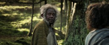Movie still from “The Lord of the Rings: The Rings of Power” (2022), created by Patrick McKay – An old man with a beard and a long beard standing in the woods; Close Up shot, Low angle