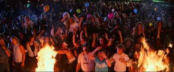 Movie still from “The Lost Boys” (1987), directed by Joel Schumacher – A group of people in a room with balloons; Wide shot, High angle