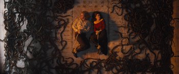 Movie still from “The Lost City” (2022), directed by Aaron Nee – Two people laying on the ground with ropes around them; Wide shot, Overhead angle