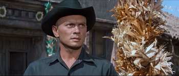 Movie still from “The Magnificent Seven” (1960), directed by John Sturges – A man wearing a green hat and a green shirt; Close Up shot, Low angle