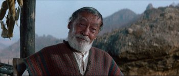 Movie still from “The Magnificent Seven” (1960), directed by John Sturges – An older man with a beard and a mustache; Close Up shot, Over the shoulder angle