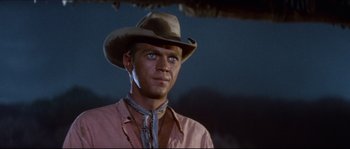 Movie still from “The Magnificent Seven” (1960), directed by John Sturges – A man wearing a cowboy hat and a neck tie; Close Up shot, Low angle