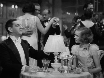 Movie still from “The Man Who Knew Too Much” (1934), directed by Alfred Hitchcock – A man and a woman sitting at a dinner table; Medium shot, High angle