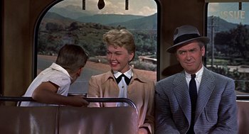 Movie still from “The Man Who Knew Too Much” (1956), directed by Alfred Hitchcock – A man and a woman riding on a train; Medium shot, Over the shoulder angle