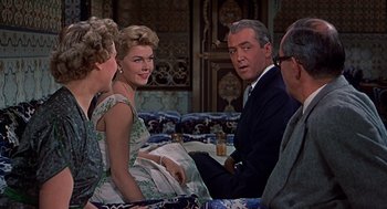 Movie still from “The Man Who Knew Too Much” (1956), directed by Alfred Hitchcock – A group of people sitting around a table; Medium shot, Over the shoulder angle