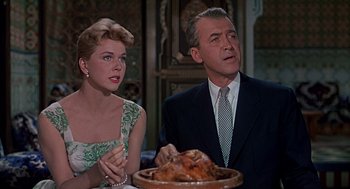 Movie still from “The Man Who Knew Too Much” (1956), directed by Alfred Hitchcock – An older man and woman sitting at a table with a turkey; Medium shot, Low angle