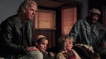 Movie still from “The Man from Earth” (2007), directed by Richard Schenkman – A group of people sitting on a couch; Medium shot, Low angle
