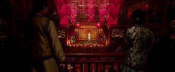 Movie still from “The Man with the Iron Fists” (2012), directed by RZA – An image of a scene in a theater setting; Extreme Wide shot, High angle