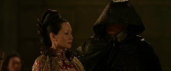 Movie still from “The Man with the Iron Fists” (2012), directed by RZA – A woman and a man dressed in costume; Close Up shot, Over the shoulder angle