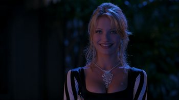 Movie still from “The Mask” (1994), directed by Chuck Russell – A beautiful blonde woman wearing a black and white dress; Close Up shot, Over the shoulder angle