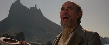 Movie still from “The Mask of Zorro” (1998), directed by Martin Campbell – An old man with a beard and a mustache; Close Up shot, Low angle