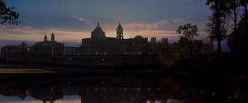 Movie still from “The Mask of Zorro” (1998), directed by Martin Campbell – A view of a large building with a sky background; Extreme Wide shot, Low angle