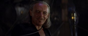 Movie still from “The Mask of Zorro” (1998), directed by Martin Campbell – An older man with long hair and a mustache; Close Up shot, Low angle