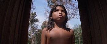 Movie still from “The Mission” (1986), directed by Roland Joffé – A young boy standing in the woods with trees in the background; Close Up shot, Low angle