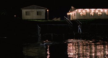 Movie still from “The Motorcycle Diaries” (2004), directed by Walter Salles – A man standing in the water next to a house; Extreme Wide shot, Low angle