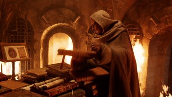 Movie still from “The Name of the Rose” (1986), directed by Jean-Jacques Annaud – An old man in a hooded cloak is in front of an open fire; Medium shot, High angle