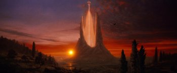Movie still from “The NeverEnding Story” (1984), directed by Wolfgang Petersen – A painting of a mountain with a cross on top of it at sunset; Extreme Wide shot, Low angle
