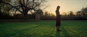 Movie still from “The New World” (2005), directed by Terrence Malick – A person standing in a field with a tree in the background; Wide shot, Low angle