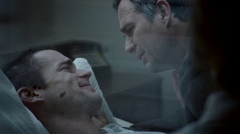 Movie still from “The Normal Heart” (2014), directed by Ryan Murphy – A man and a woman in a hospital bed talking to each other; Close Up shot, Over the shoulder angle
