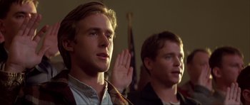 Movie still from “The Notebook” (2004), directed by Nick Cassavetes – Two men are taking the oath of allegiance to the u; Close Up shot, Low angle