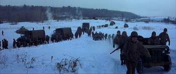 Movie still from “The Notebook” (2004), directed by Nick Cassavetes – A large group of soldiers in the snow; Extreme Wide shot, High angle