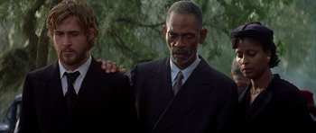 Movie still from “The Notebook” (2004), directed by Nick Cassavetes – An older man wearing a suit and tie; Close Up shot, Over the shoulder angle