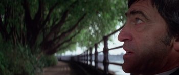Movie still from “The Omen” (1976), directed by Richard Donner – A man's face is shown next to a tree; Close Up shot, Low angle