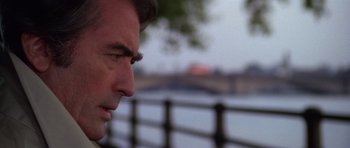 Movie still from “The Omen” (1976), directed by Richard Donner – A man's face near a body of water; Close Up shot, Over the shoulder angle