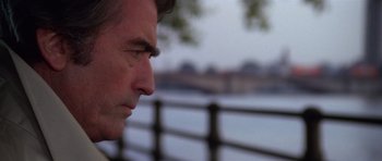 Movie still from “The Omen” (1976), directed by Richard Donner – A man's face near a body of water; Close Up shot, Over the shoulder angle