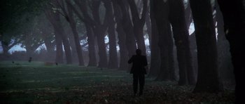 Movie still from “The Omen” (1976), directed by Richard Donner – A man standing in a forest with trees in the background; Extreme Wide shot, Low angle