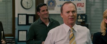 Movie still from “The Other Guys” (2010), directed by Adam McKay – Two men standing next to each other in front of a police station; Close Up shot, Over the shoulder angle