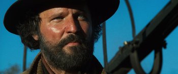 Movie still from “The Outlaw Josey Wales” (1976), directed by Clint Eastwood – A person wearing a hat and a beard; Close Up shot, Low angle