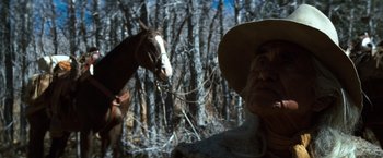 Movie still from “The Outlaw Josey Wales” (1976), directed by Clint Eastwood – An old man wearing a cowboy hat next to a horse in a wooded area; Close Up shot, Low angle