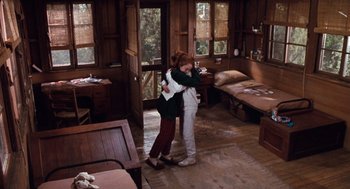 Movie still from “The Parent Trap” (1998), directed by Nancy Meyers – Two people hugging in a room with wooden walls; Wide shot, High angle