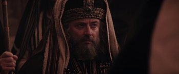 Movie still from “The Passion of the Christ” (2004), directed by Mel Gibson – A bearded man wearing a crown and a robe; Close Up shot, Low angle