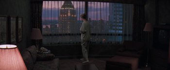 Movie still from “The Pelican Brief” (1993), directed by Alan J. Pakula – A woman standing in front of a window looking out at a city skyline; Wide shot, High angle