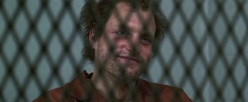 Movie still from “The People vs. Larry Flynt” (1996), directed by Milos Forman – A person behind a chain link fence; Close Up shot, Low angle