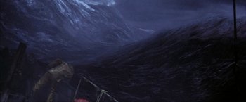 Movie still from “The Perfect Storm” (2000), directed by Wolfgang Petersen – A painting of a person in a boat on a body of water; Extreme Wide shot, High angle