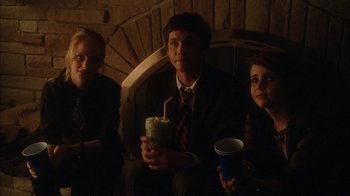 Movie still from “The Perks of Being a Wallflower” (2012), directed by Stephen Chbosky – A group of people sitting next to each other holding drinks; Medium shot, High angle