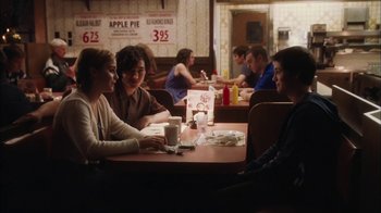 Movie still from “The Perks of Being a Wallflower” (2012), directed by Stephen Chbosky – A group of people sitting at a table in a restaurant; Medium shot, Over the shoulder angle