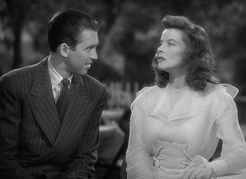 Movie still from “The Philadelphia Story” (1940), directed by George Cukor – A man and a woman talking to each other; Close Up shot, Over the shoulder angle