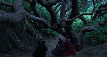 Movie still from “The Piano” (1993), directed by Jane Campion – A group of people walking through the woods; Extreme Wide shot, High angle