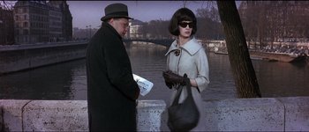 Movie still from “The Pink Panther” (1963), directed by Blake Edwards – A man and a woman standing next to a body of water; Medium shot, Over the shoulder angle