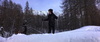Movie still from “The Pink Panther” (1963), directed by Blake Edwards – A person on skis in the snow near a forest; Wide shot, High angle