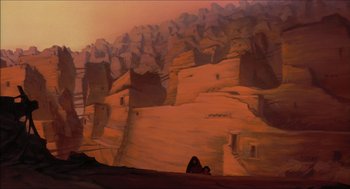 Movie still from “The Prince of Egypt” (1998), directed by Brenda Chapman – A painting of a desert scene with a person taking a picture; Extreme Wide shot, Low angle